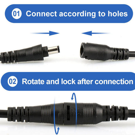 Instructions for connecting black cables with connectors, showing how to align and lock them.