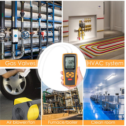Collage of HVAC system components including gas valves, HVAC system, air blower/fan, furnace/boiler, and clean room.