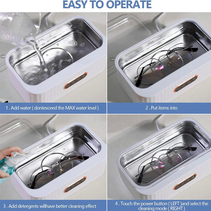 Instructions for using a ultrasonic cleaner with images of glasses being cleaned.