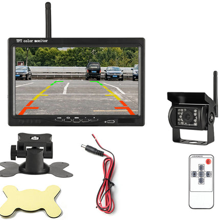 Car reverse camera system with monitor, camera, and remote control on a white background