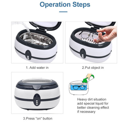 Step-by-step guide on using a cleaning device with images and text.