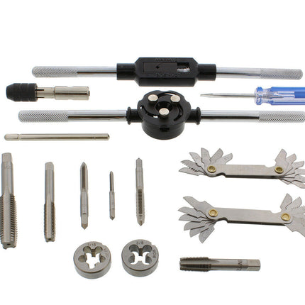 A thread tapping and threading tool kit laid out on a white background, including two black-and-silver hand taps, several metal dies, a blue-handled screwdriver, and two metal thread chaps.