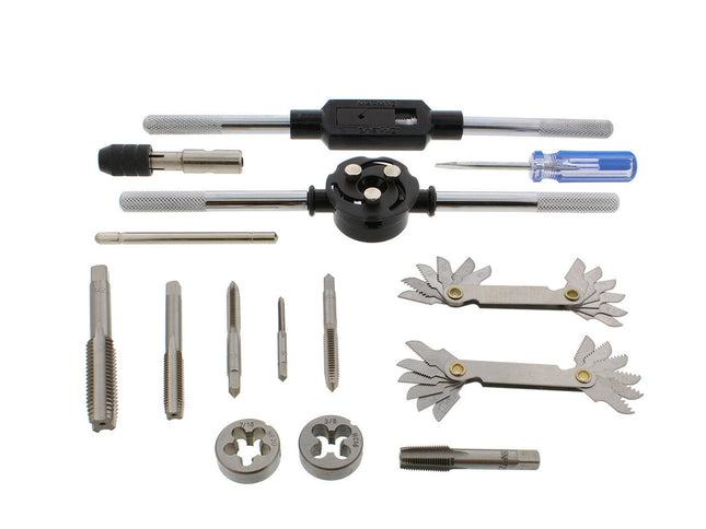 A thread tapping and threading tool kit laid out on a white background, including two black-and-silver hand taps, several metal dies, a blue-handled screwdriver, and two metal thread chaps.