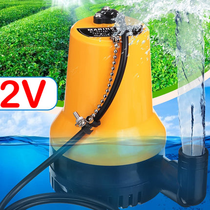 Yellow submersible pump with '12V' label on a background of water and greenery