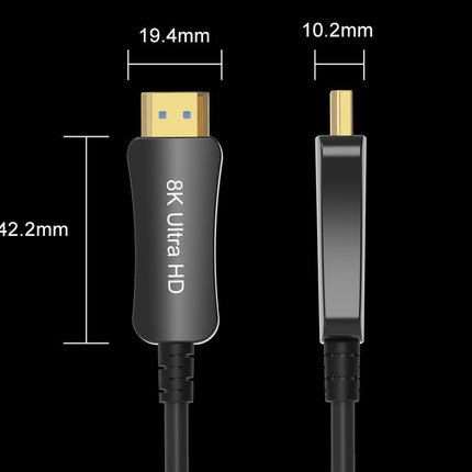 Black HDMI cable with dimension annotations showing a 19.4mm width, 42.