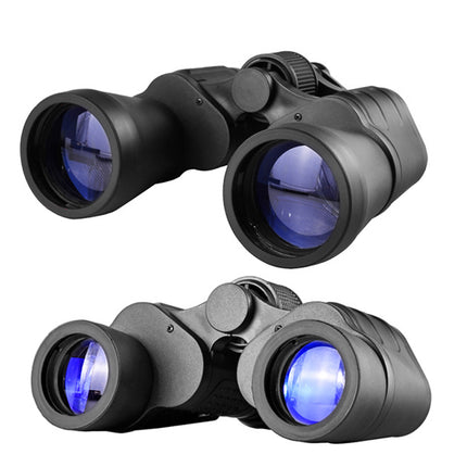Black binoculars with blue lenses on a white background