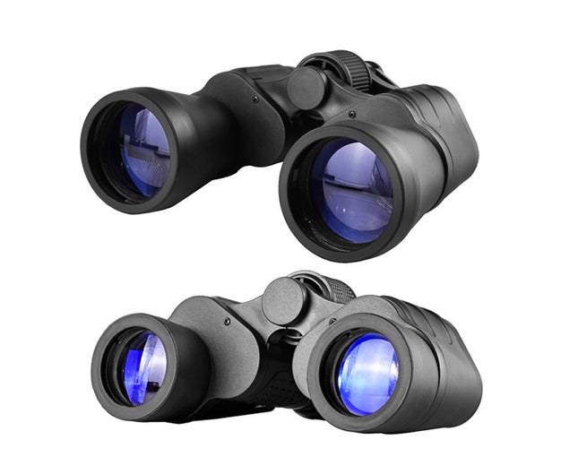 Black binoculars with blue lenses on a white background