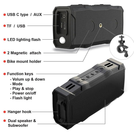 Magnetic Golf Bluetooth Speaker - IP67 Waterproof with TWS Stereo | 30W Portable Sound with 36H Playtime Built-in Torch & Bike Mount Black
