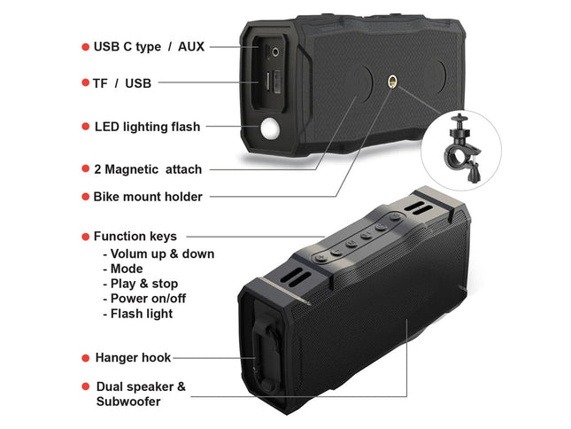 Magnetic Golf Bluetooth Speaker - IP67 Waterproof with TWS Stereo | 30W Portable Sound with 36H Playtime Built-in Torch & Bike Mount Black
