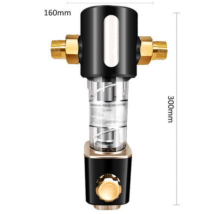 Black and gold mechanical device with clear component, showing dimensions on a white background.