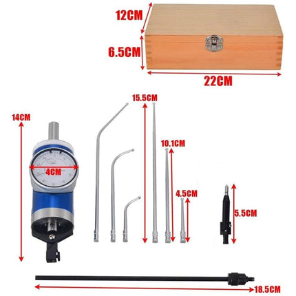 Measurement chart of a tattoo machine and accessories with dimensions labeled.