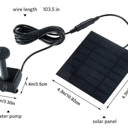 Solar panel and water pump with labeled dimensions on a white background
