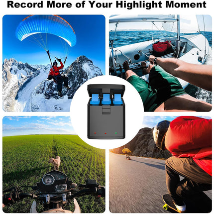 A collage showing a central dual battery charger surrounded by five outdoor activity photos: paragliding in snowy mountains, sailing on a boat, riding a motorcycle, mountain biking, and a person in a red jacket on a road. Text at the top reads 'Record More of Your Highlight Moment.