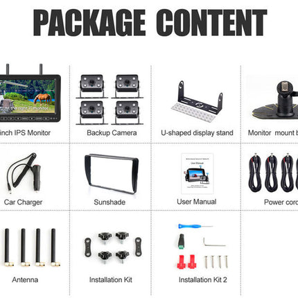 List of car stereo package contents including monitor, camera, stand, and accessories on a white background.