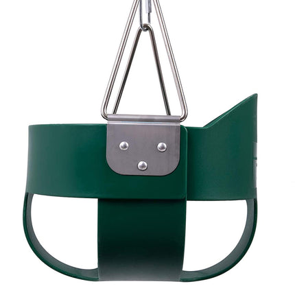 Green swing seat with metal harness on a white background