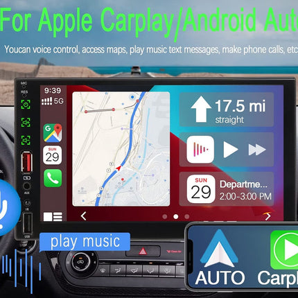 Car dashboard with navigation system displaying Apple Carplay/Android Auto compatibility.