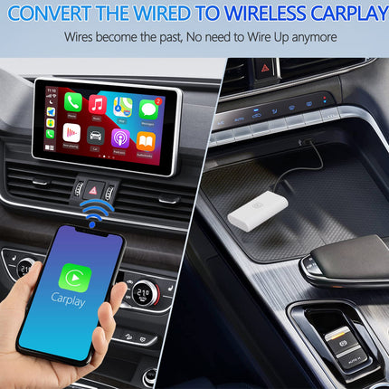 Wireless CarPlay setup in a car with smartphone and screen displaying CarPlay interface.