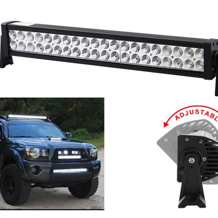 LED light bar with adjustable feature, shown on a vehicle and in close-up.