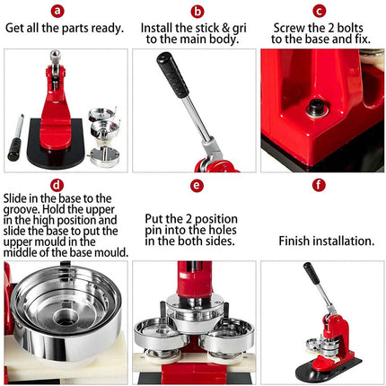 Step-by-step installation guide for a red and silver machine with labeled steps.