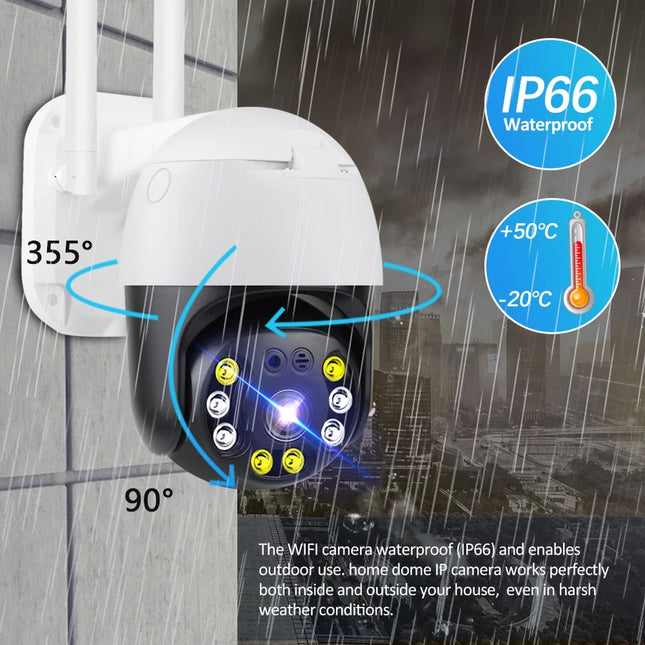 White and black outdoor security camera with dual antennas, shown in a rain scene with blue graphic callouts for IP66 waterproofing, temperature range, and mounting angles.
