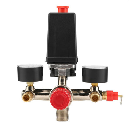 Valve or pressure regulator with black and gold components on a white background