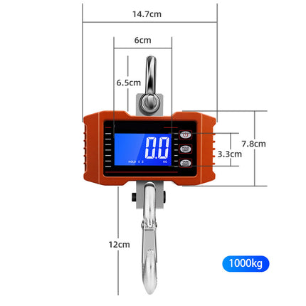 Digital hanging scale with dimensions labeled on a white background
