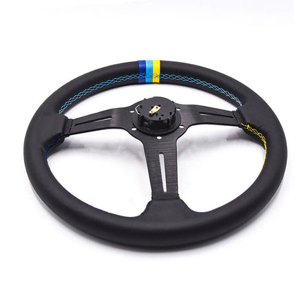 A black racing-style steering wheel with a three-spoke design, featuring blue and yellow contrast stitching and a blue-and-yellow stripe near the top rim, shown on a white background.