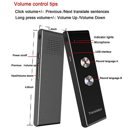 A black handheld translator device shown from two angles with overlaid dimension labels and control-tip text. The image includes a sidebar with measurements and callouts naming features such as indicator lights, microphone, USB interface, power on/off, previous, next, volume up, and volume down.