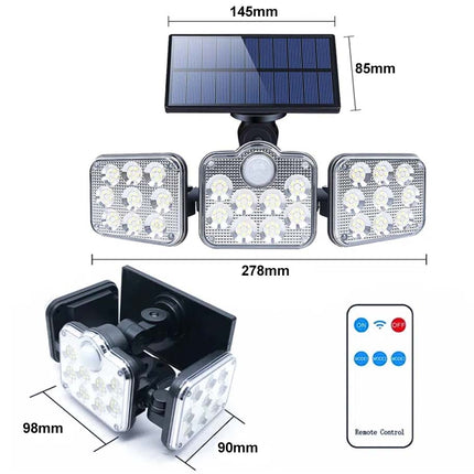 Solar-powered outdoor light fixture with dimensions and remote control on a white background
