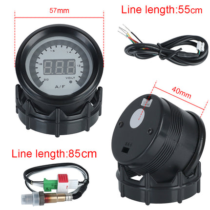 Two black electronic gauges with wiring and measurements on a white background