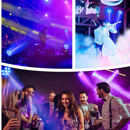 Collage of a concert with colorful lights, a dancer in a blue outfit, and people socializing.