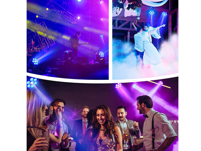 Collage of a concert with colorful lights, a dancer in a blue outfit, and people socializing.