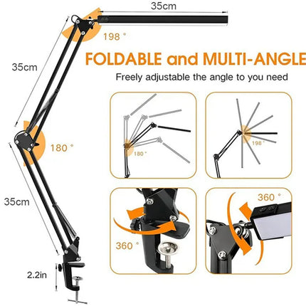 Foldable and multi-angle adjustable arm with measurements and angles shown.