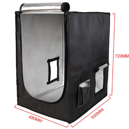 Black and silver photo studio light box with dimensions on a white background