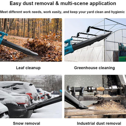Product being used for leaf cleanup, greenhouse cleaning, snow removal, and industrial dust removal with text on easy dust removal and multi-scene application.