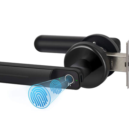 A black electronic smart door lock with a handle, shown on a white background with a blue graphic illustrating fingerprint recognition.