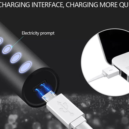 A black cylindrical portable charger with glowing blue charging indicator lights and a white USB-C cable plugged in, shown on a dark background with text reading 'USB CHARGING INTERFACE, CHARGING MORE QUICKLY' and a circular inset demonstrating connection to a laptop.