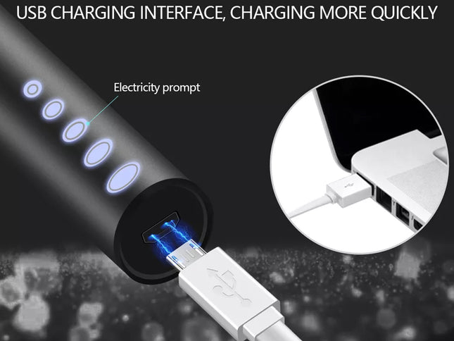 A black cylindrical portable charger with glowing blue charging indicator lights and a white USB-C cable plugged in, shown on a dark background with text reading 'USB CHARGING INTERFACE, CHARGING MORE QUICKLY' and a circular inset demonstrating connection to a laptop.