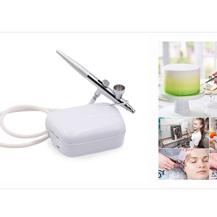 Airbrush device with a white case on a white background, surrounded by images of people using the airbrush.
