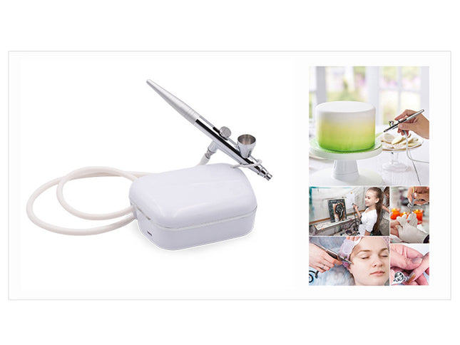 Airbrush device with a white case on a white background, surrounded by images of people using the airbrush.