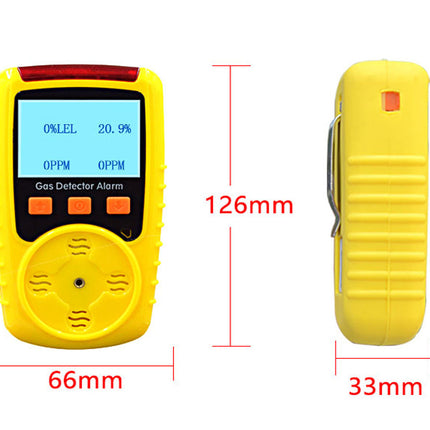 Yellow gas detector alarm with dimensions labeled on a white background
