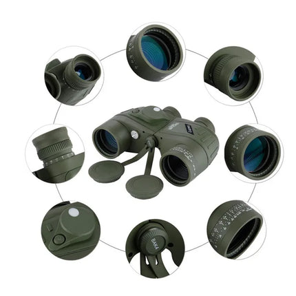 Binoculars with multiple lens components displayed on a white background