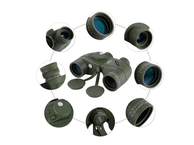 Binoculars with multiple lens components displayed on a white background