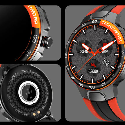 Smartwatch with red and black band, detailed close-ups on gray background