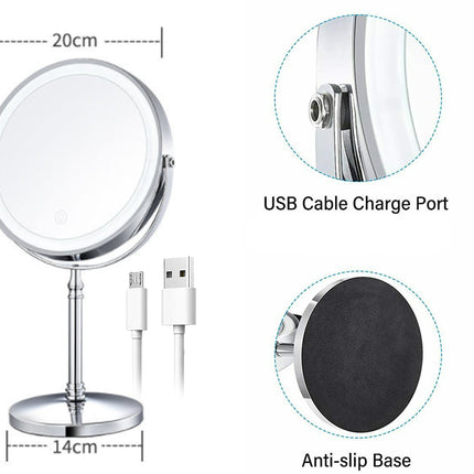 Magnetic makeup mirror with USB cable, charging port, and anti-slip base on a white background