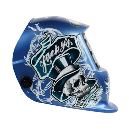 Blue helmet with skull and top hat design on a white background