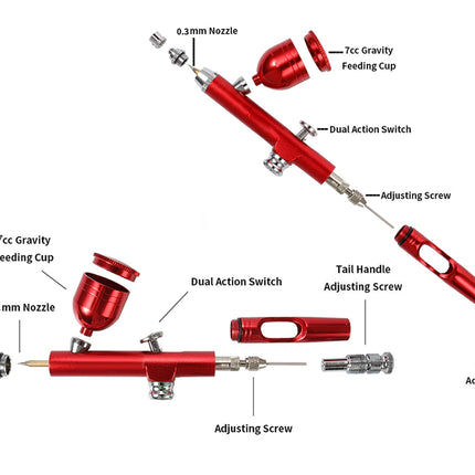An exploded view diagram of a red metal atomizer spray nozzle kit with labeled parts including 0.3mm nozzle, 7cc gravity feeding cup, dual action switch, adjusting screws, and tail handle adjusting screw on a white background.