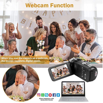 Video camera with webcam function displayed on a promotional graphic showing a group of people celebrating a birthday.