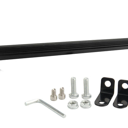 Black LED light bar with mounting hardware on a white background