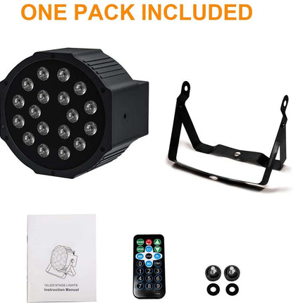 Black LED light fixture with remote control, mounting bracket, and packaging on a white background.
